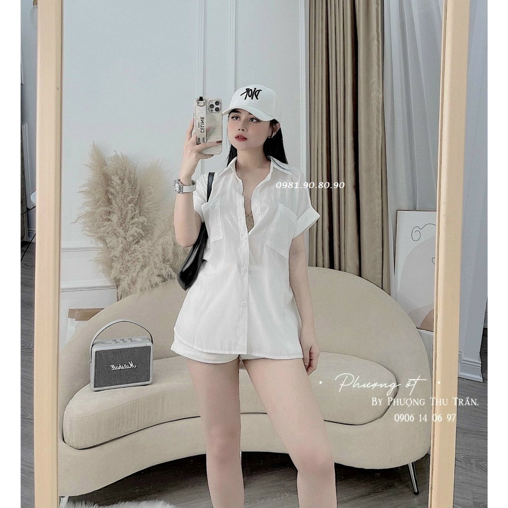 [Mã FAMARAL2 giảm 10K đơn 50K] áo sơ mi nữ, sơ mi cộc tay mùa hè cánh dơi 2 túi hộp cá tính