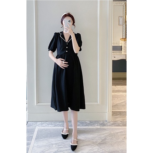 Đầm bầu công sở Váy bầu đẹp Cổ Pyjama Viền Ren 3 màu hồng , đen , xanh MYC 168