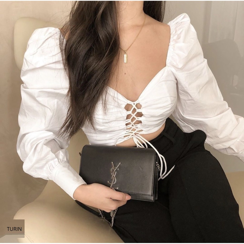 NAPUBEE ÁO Croptop Trắng Tay Dài Đan Dây Thiết Kế, Áo Kiểu Sơ Mi TURIN TOP