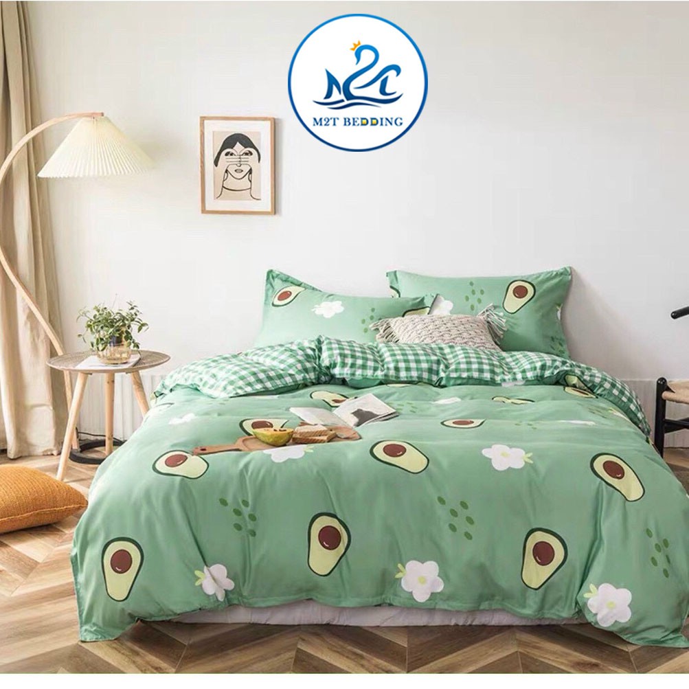 Bộ chăn ga gối Cotton poly M2T Bedding Quả bơ xanh, vỏ chăn mền, drap nệm và 2 vỏ gối