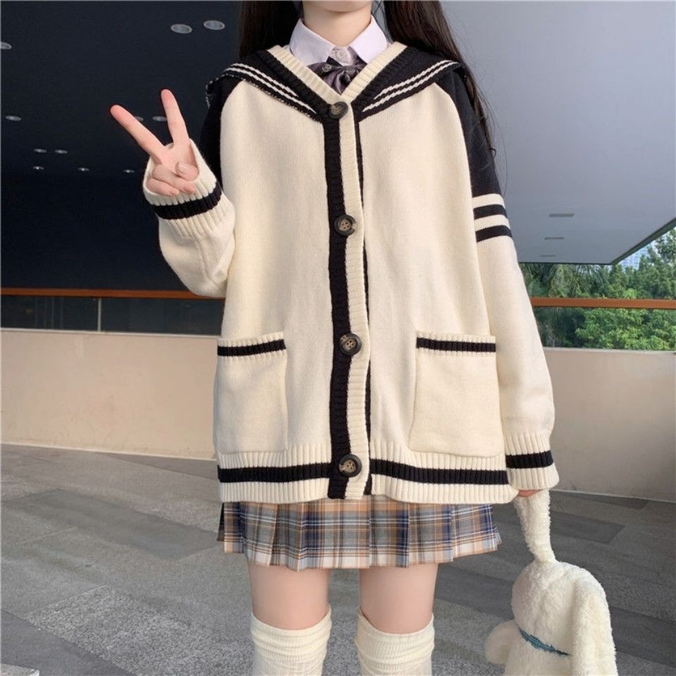 Áo Khoác Cardigan Dệt Kim Dáng Rộng Cổ Thủy Thủ Xinh Xắn Cho Nữ