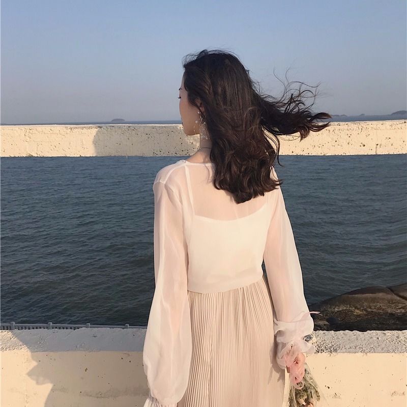 Áo khoác cardigan vải voan tay phồng thiết kế thanh lịch cho nữ F802