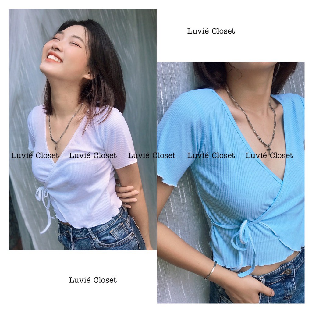 Áo Croptop Đắp Chéo Cột Dây Ngắn Tay - Màu Sắc Trẻ Trung Cá Tính