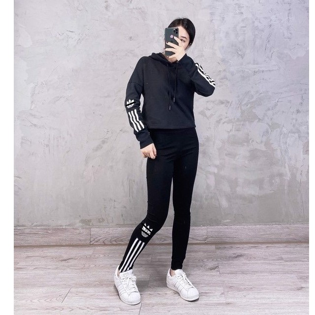 Áo Hoodie 3D Trefoil Cropped - Black