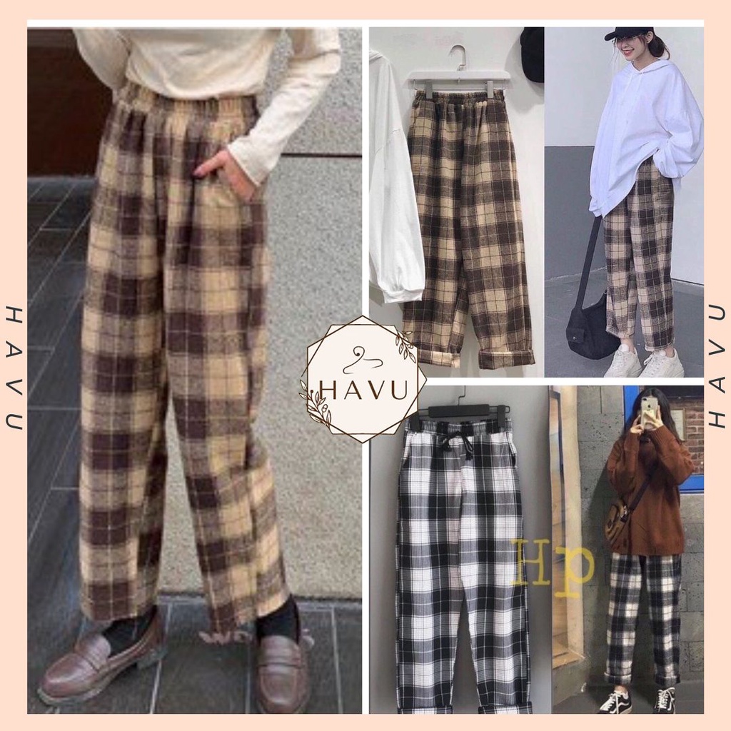 Quần Kẻ Caro Nâu Đen Ô To Plaid Pants unisex - Culottes ống rộng cạp chun thiết kế kẻ caro, bắt mắt, cá tính