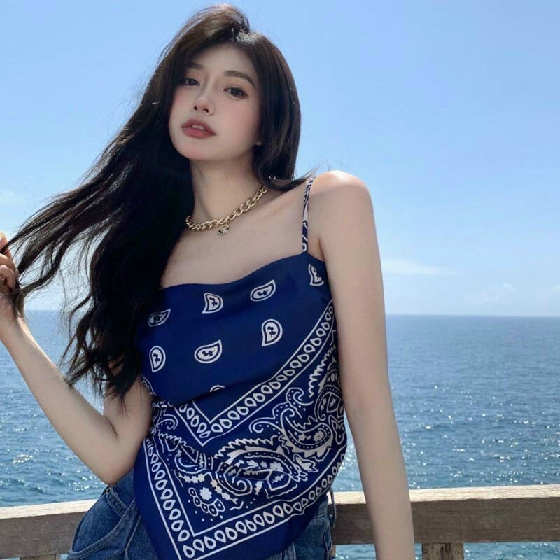 Áo 2 dây thổ cẩm L.Y Store Nữ thun hoạ tiết vintage thắt nơ lưng 🎀