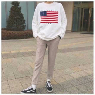 Áo thun dài tay nữ form rộng in cờ mỹ phong cách Ulzzang Hàn quốc form rộng  trắng freesize