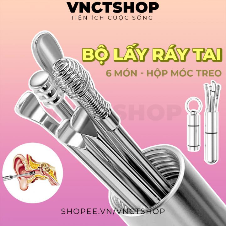Bộ lấy ráy tai, dụng cụ ngoáy tai 6 món bằng inox chuyên nghiệp vệ sinh tai cho bé trẻ em có hộp đựng