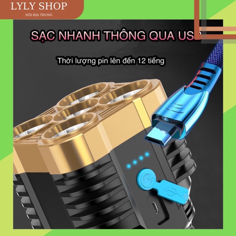 Đèn Pin Siêu Sáng [BẢN NÂNG CẤP 5 BÓNG] Cầm Tay, Chiếu Cực Xa, Chống Thấm Nước Công Suất 300m