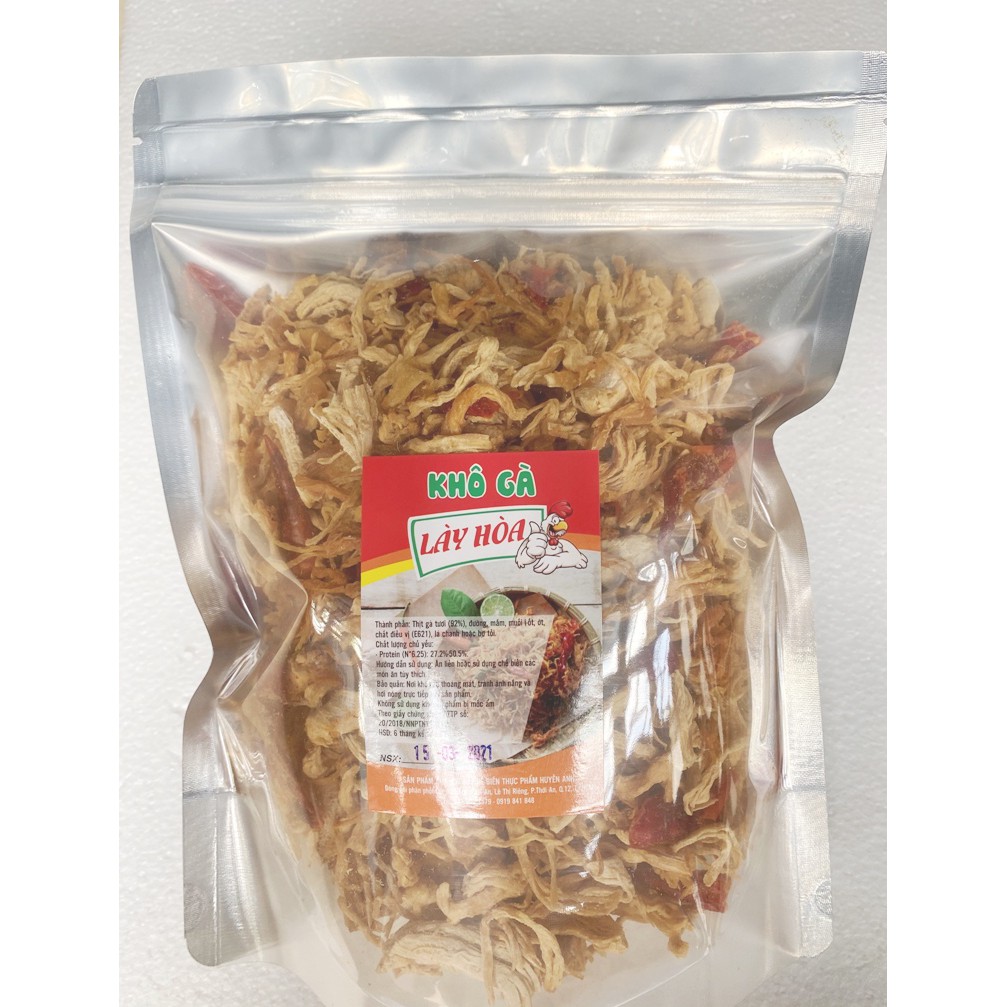500gr Khô gà Bơ Tỏi cay Lày Hòa: 1 túi zipper 500gr