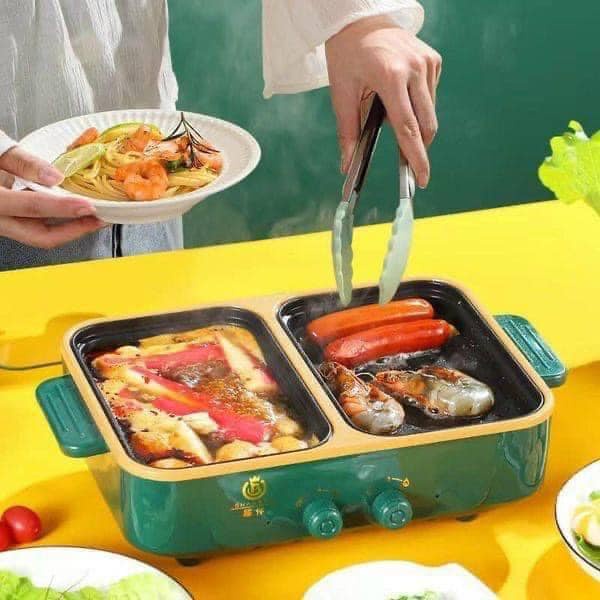 Bếp Lẩu Nướng Điện 2 Ngăn Đa Năng Hàn Quốc, Nồi Lẩu 2 Trong 1 Chống Dính Tiện Lợi Công Suất Cao 300W