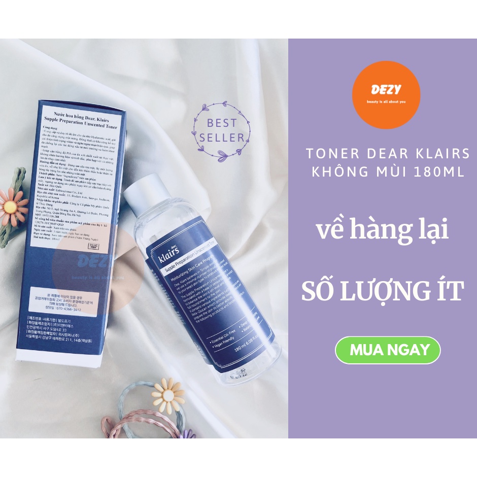 [CHÍNH HÃNG] Toner Klairs Nước Hoa Hồng Toners Không Mùi Da Dầu Da Mụn Skincare Dưỡng Ẩm Cùng Bông Tẩy Trang Dezy Shop