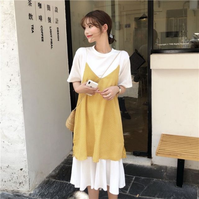 [CÓ SẴN] Đầm thun suông ngắn tay phối váy voan hai dây chấm bi cá tính Hàn Quốc ulzzang | BigBuy360 - bigbuy360.vn