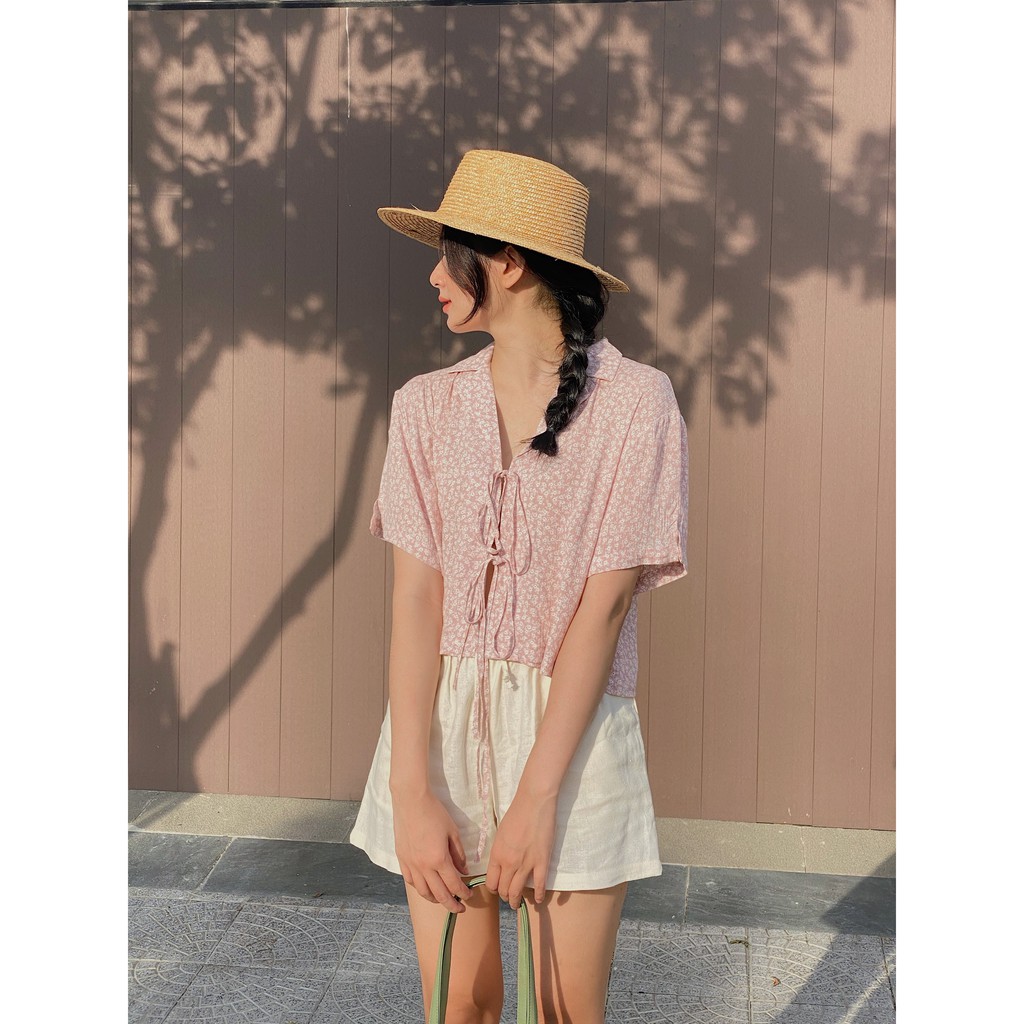 Áo sơ mi hoa vải xô nhúng cột dây tay xẻ BLUME TOP
