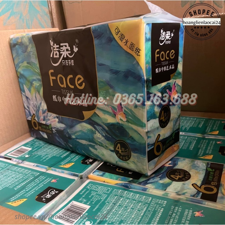 Xách 6 gói x 400 tờ giấy ăn Face ăn hoa 3D, khăn giấy khô, khăn giấy