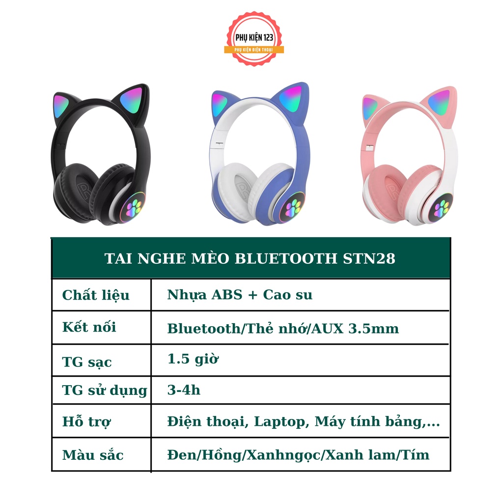 Tai nghe chụp tai không dây bluetooth STN28 màu sắc cute,âm thanh ấm bass mạnh- Phụ Kiện 123