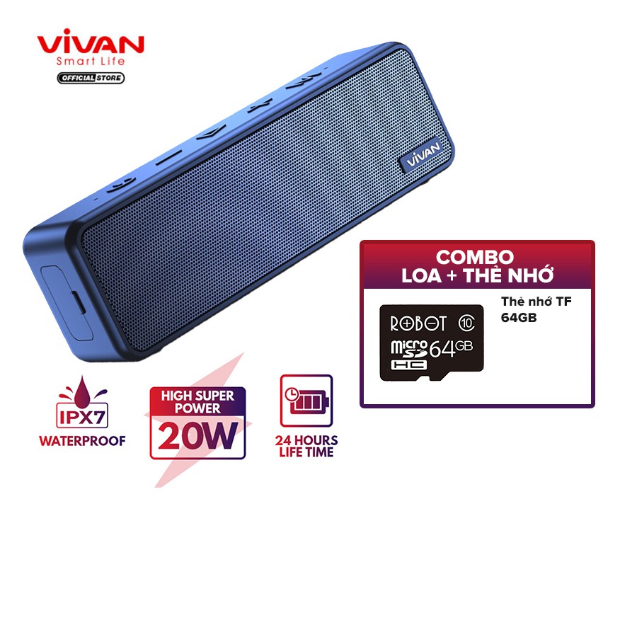 [COMBO Loa Bluetooth + Thẻ Nhớ] Loa Bluetooth 5.0 VIVAN VS20 Chống Nước IPX7 Công suất 20W Pin 3600mAh Playtime đến 24H