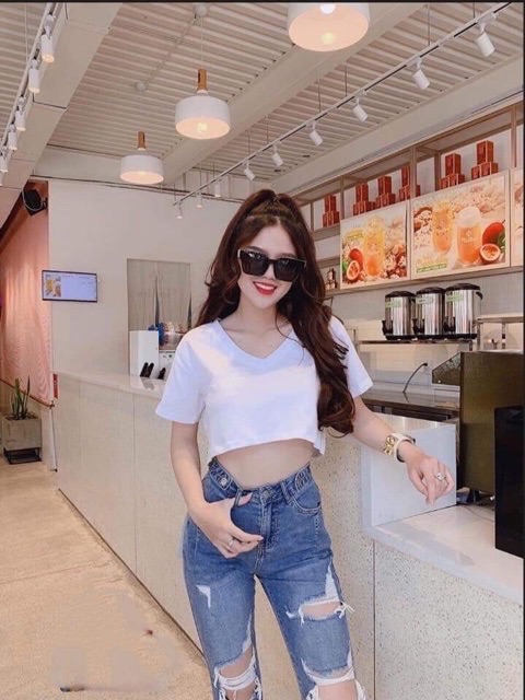 Áo thun croptop cổ V (cổ tim)- hàng đẹp,hình cuối chụp thật | BigBuy360 - bigbuy360.vn