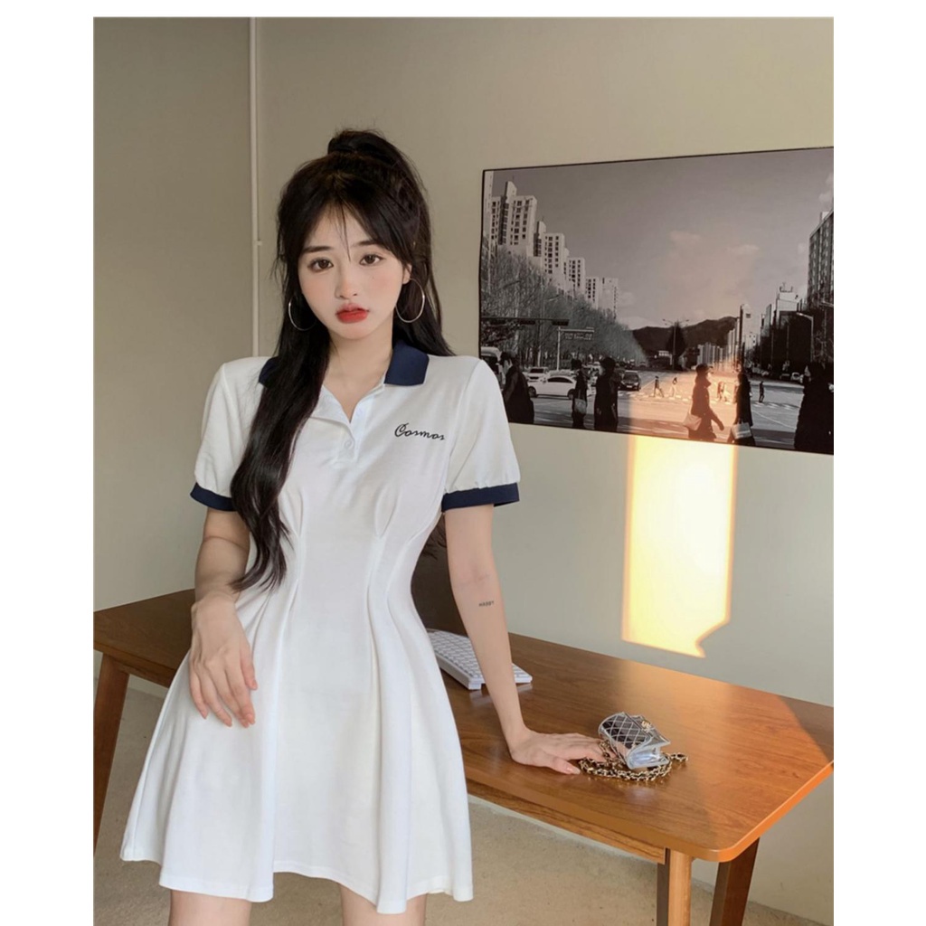 COZOK Đầm tay ngắn cổ bẻ màu trơn thiết kế ôm sát tôn dáng