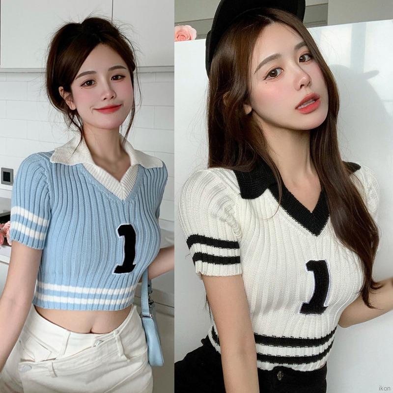 Áo croptop dệt kim tay ngắn cổ chữ V dáng ôm thời trang cho nữ
