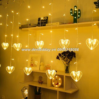12 trái tim ( trong 1 bộ rèm) bộ rèm đèn led trái tim ngang 3m thả 80cm. Có chế độ nhớ hiệu ứng.