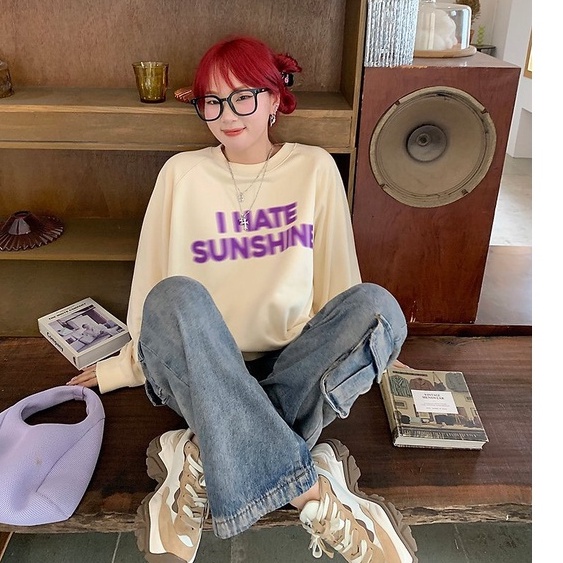Áo Sweater Chữ Tím Sunshine PEONYB Unisex  🌸 Nỉ form rộng tay bồng cá tính đường phố vintage hàn quốc đẹp 🌸