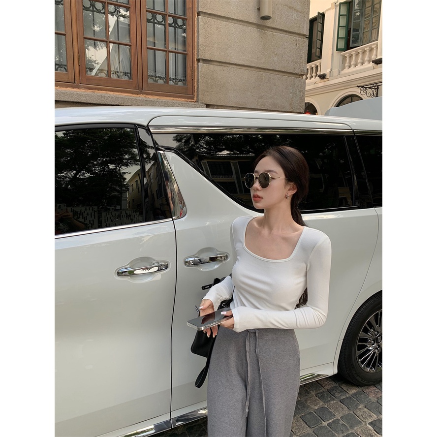 Áo Thun Dệt Kim Tay Dài Cổ Vuông Thời Trang Hàn Quốc Dành Cho Nữ