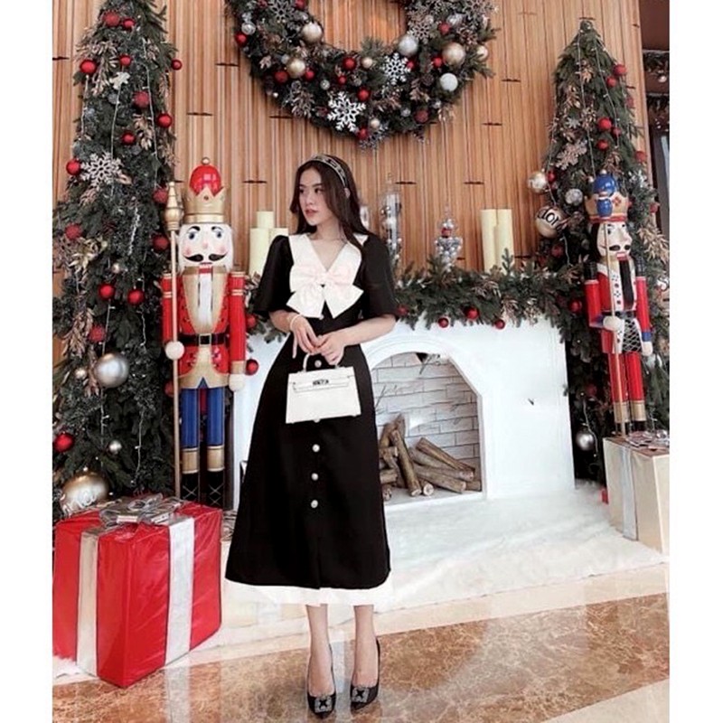 Váy đầm nữ công sở thiết kế dáng dài, mẫu váy đầm xòe nhẹ chữ A cổ nơ mới lạ, ngắn tay, 2 màu đỏ đen - L047 | BigBuy360 - bigbuy360.vn