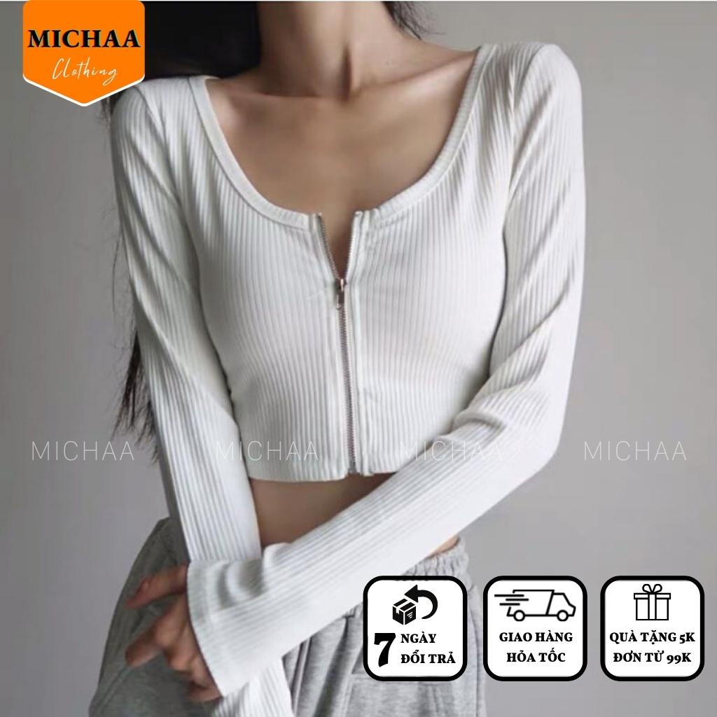 Áo Croptop Tay Dài DÂY KÉO NGỰC Nữ Thun Gân Ulzzang Kiểu Cổ Vuông Đẹp Ôm Body - MICHAA