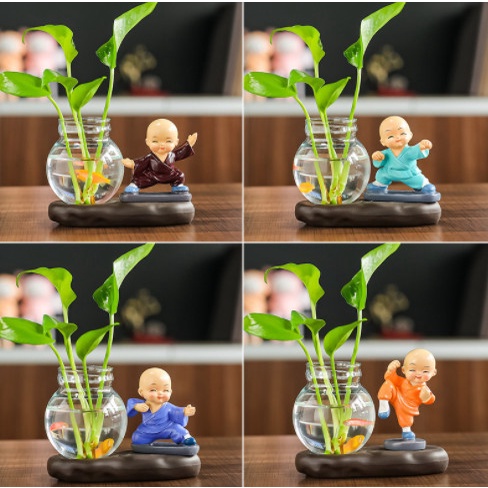 Bình thủy sinh kèm tượng Ráp 4 chú tiểu thiếu lâm tự múa võ ngộ nghĩnh để bàn làm việc, phòng khách, quà tặng-HO13