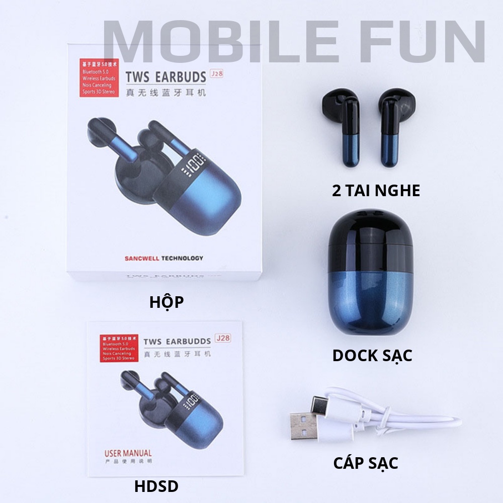 Tai nghe Bluetooth TWS J28 có đèn LED thông báo PIN, J28 điều chỉnh âm lượng có MIC đàm thoại kết nối không dây BT v5.2