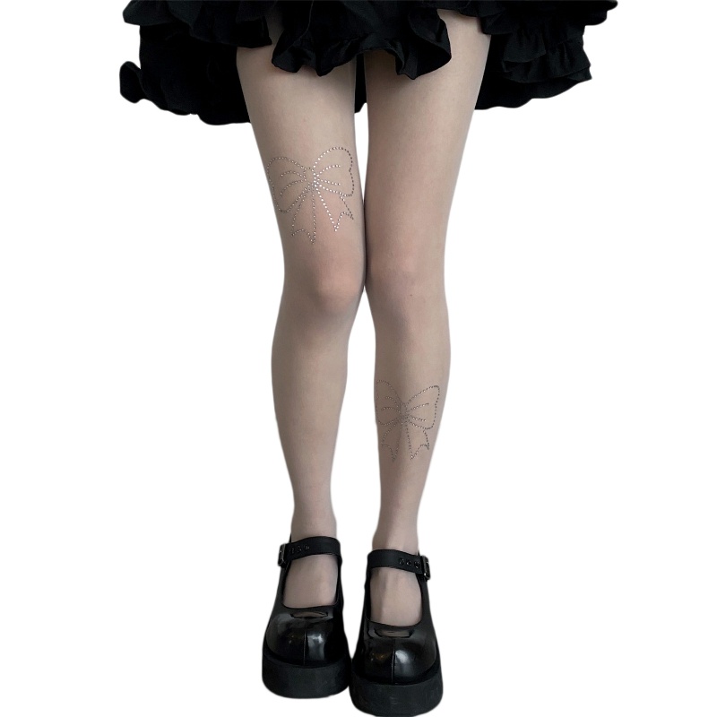 Xiangbao Quần Tất Mỏng Trong Suốt Đính Đá Phối Nơ Phong Cách Gothic Quyến Rũ Cho Nữ