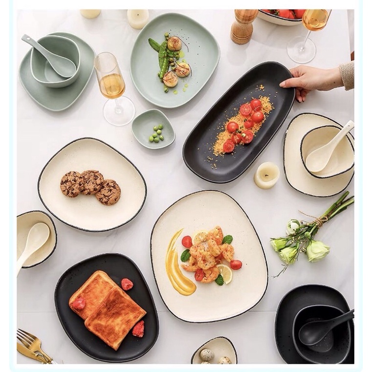 Bộ bát đĩa méo mix màu Starstone phong cách Bắc Âu - Bộ bát đĩa đầy đủ hộp tặng quà, tân gia