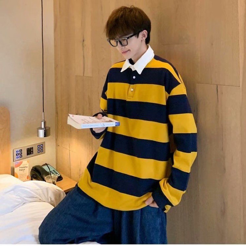 Áo sweater cổ polo kẻ