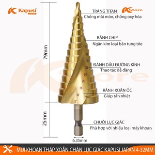 MŨI KHOAN THÁP XOẮN KAPUSI JAPAN 4-32MM CHUÔI LỤC GIÁC - MŨI KHOAN TẦNG TIÊU CHUẨN NHẬT BẢN - MŨI KHOANG BƯỚC ĐA NĂNG