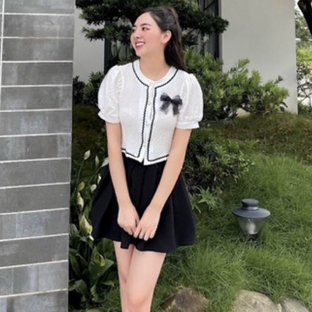 Set áo nơ cổ tròn mix chân váy xoè siêu xinh