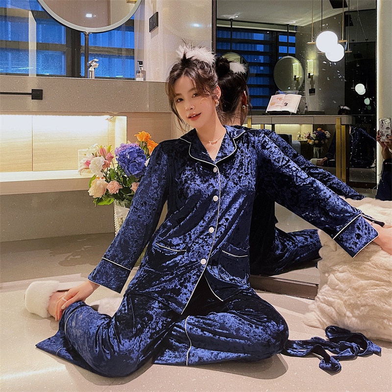 Bộ Đồ Ngủ Chất Nhung Màu Trơn Đơn Giản Thời Trang Thu Đông Phong Cách Hàn Quốc Cho Nữ