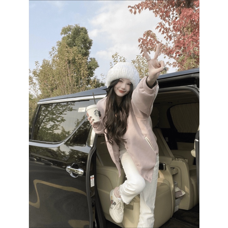 Áo Khoác Hoodie Nữ Màu Hồng Bomber Nút Bấm Cực Dễ Thương Trẻ Trung Cá Tính Siêu Hot