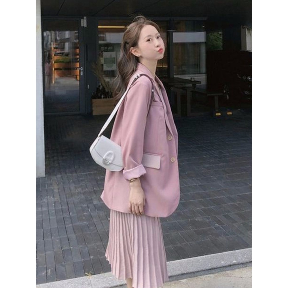 Ảnh thật 4 hình cuối-2W297.Set áo blazer kèm váy 2 dây xếp li mùa thu Hàn Quốc