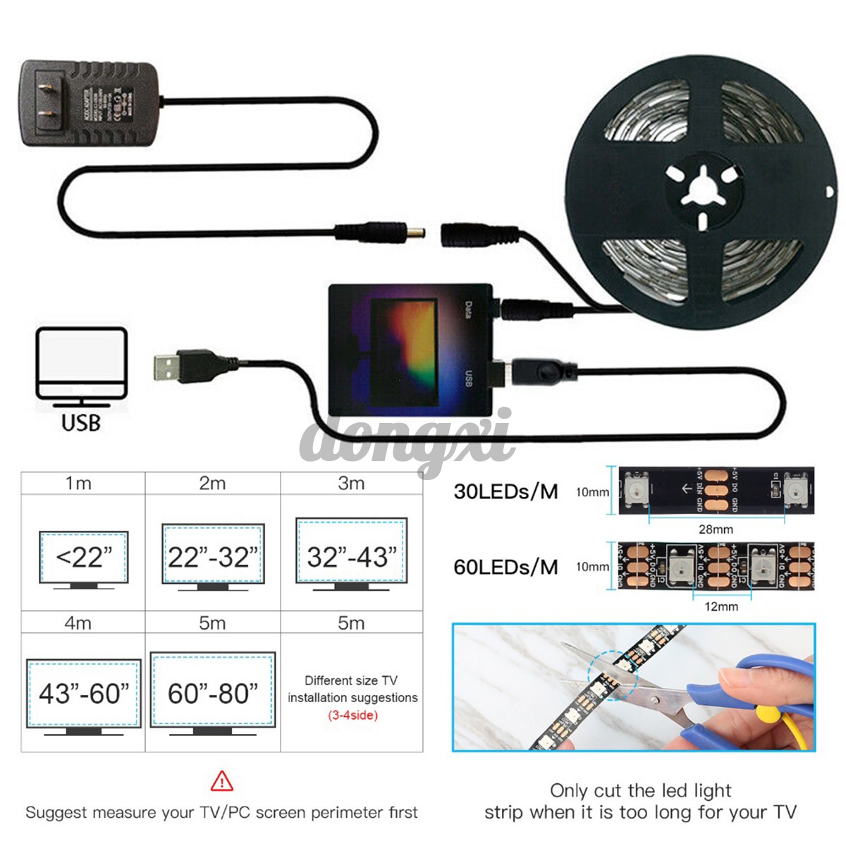 1/2/3/4/5m DIY Ambilight TV PC USB LED Strip HDTV Computer Monitor Backlight