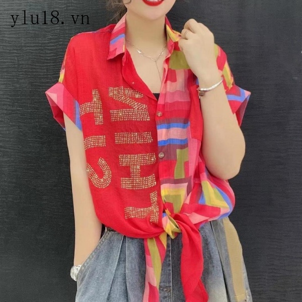 Áo Sơ Mi Chiffon Ngắn Tay Phối Màu Họa Tiết Kẻ Sọc Đính Đá Thời Trang Mùa Hè Năm 2021 Cho Nữ