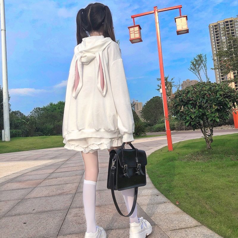 Áo Hoodies Có Nón Dài Tay Đính Tai Thỏ Đáng Yêu Cho Nữ