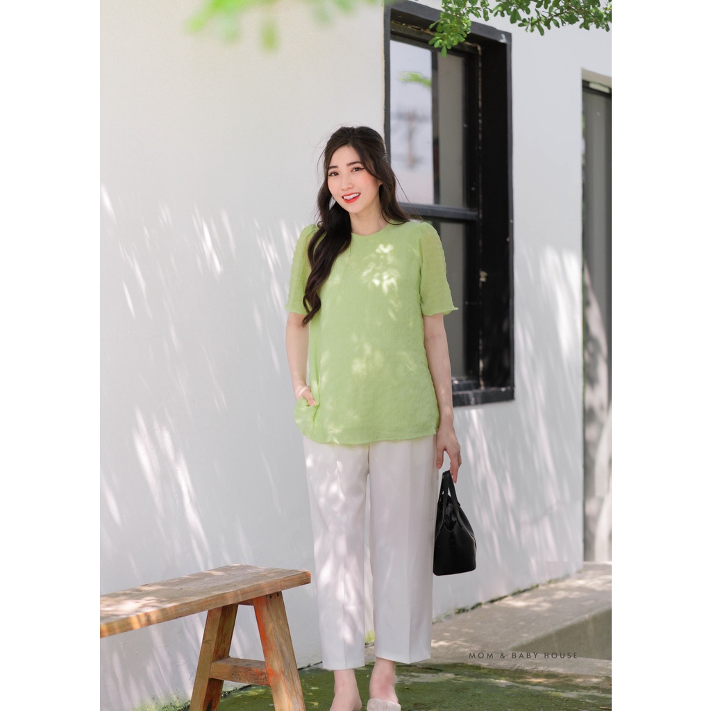 EVERMOM | Áo bầu tay phồng xanh cốm trẻ trung