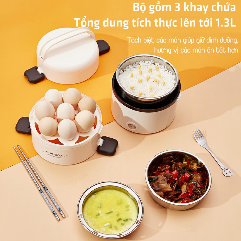 Hộp Cơm Điện Hâm Nóng Đa Năng 3 Tầng Cặp Lồng Cắm Điện Ca Men Giữ Nhiệt Dung Tích 1.8L