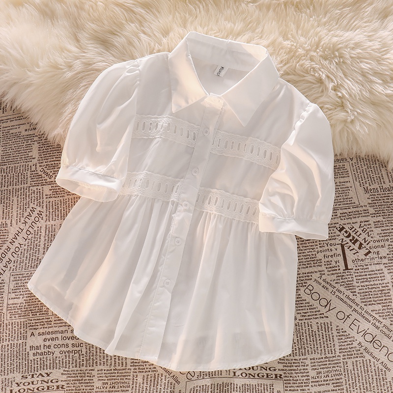 NUZIRO  Áo kiểu sơ mi  tay ngắn phồng cổ bẻ phong cách búp bê thời trang cho nữ