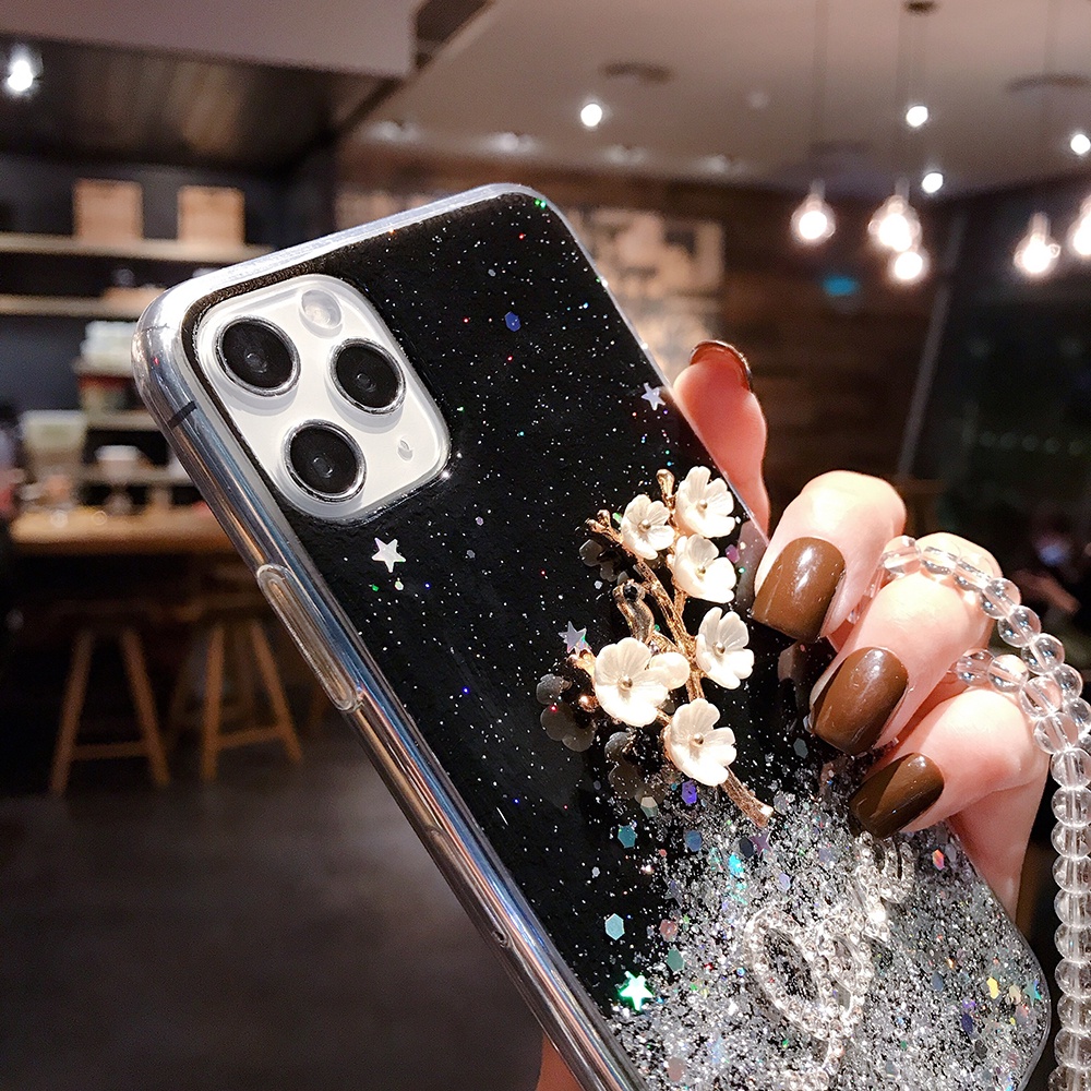 Ốp Điện Thoại Hình Hoa 3d Đính Pha Lê Lấp Lánh Gắn Dây Đeo Cho iphone 15 14 13 11 12 pro max 14 plus