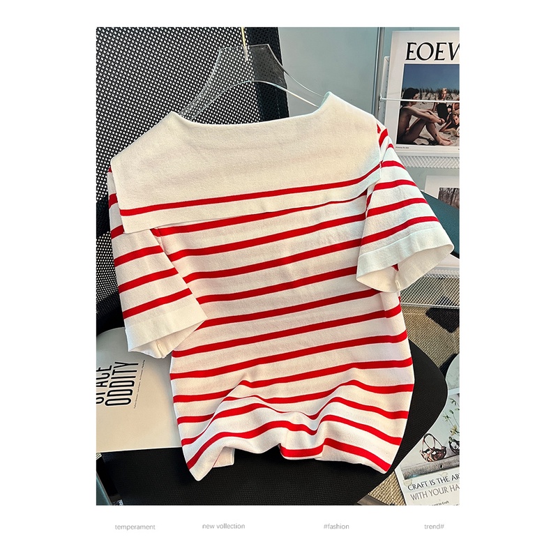 Áo Thun Dệt Kim Ngắn Tay Họa Tiết Kẻ Sọc Thời Trang Mùa Hè