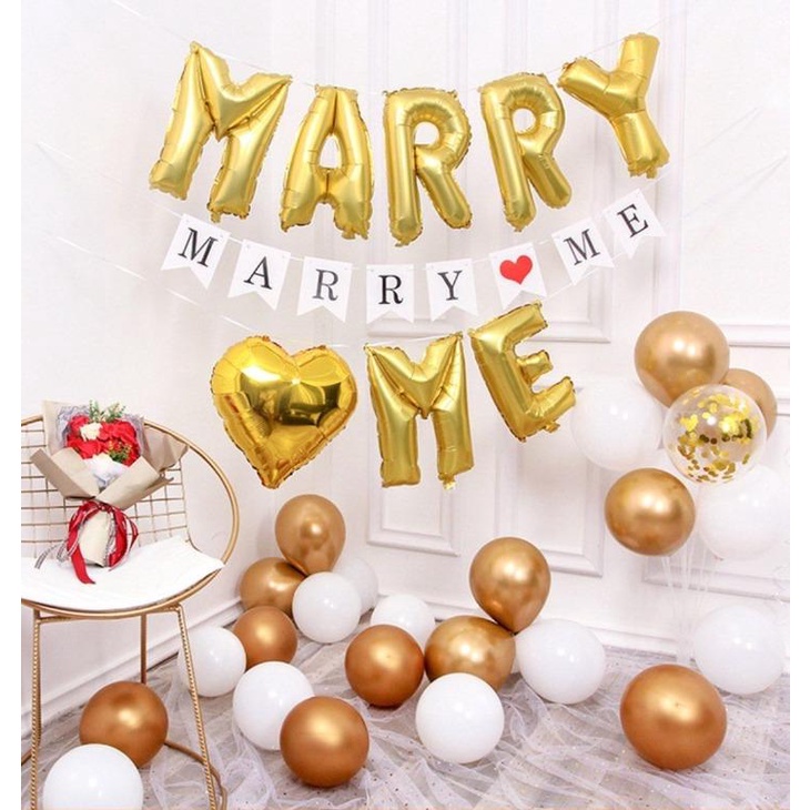 Set bong bóng trang trí MARRY ME cầu hôn đơn giản thuận tiện, trang trí dễ dàng