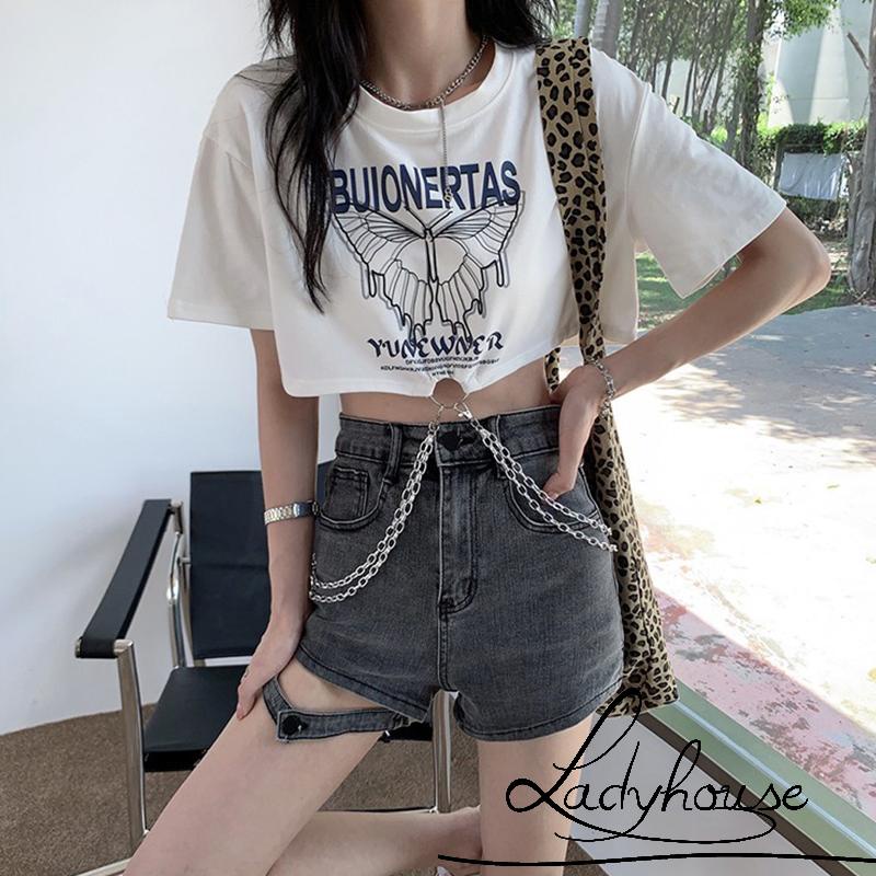 LD-Women Cropped Tops, Short Sleeve Round Collar Butterfly Letters Print Metal Chain Street Party Shirt hot girl sexy