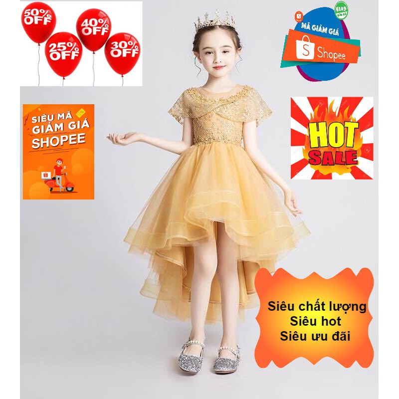Đầm công chúa Vàng đuôi choàng vai cao cấp 13kg-40kg